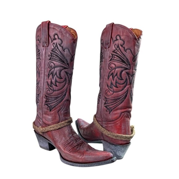 Lane Fine Boots Cowboy Boots Red Leather Embroidered with Wash $350 Size 7EE - Picture 6 of 9